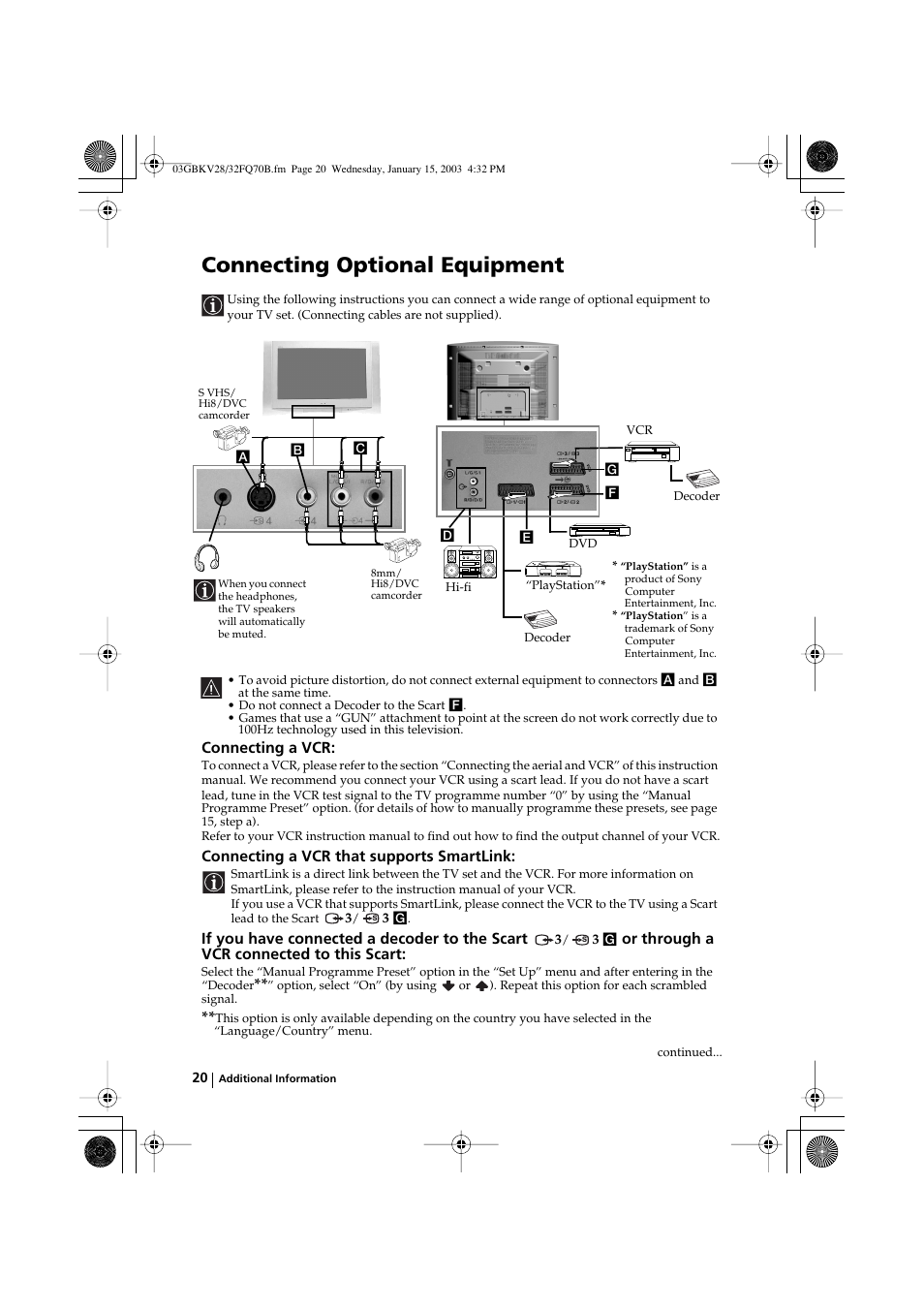 Connecting optional equipment, Connecting a vcr, Connecting a vcr that supports smartlink | If you have connected a decoder to the scart, Or through a vcr connected to this scart | Sony FD Trinitron KV-28FQ70B User Manual | Page 20 / 26