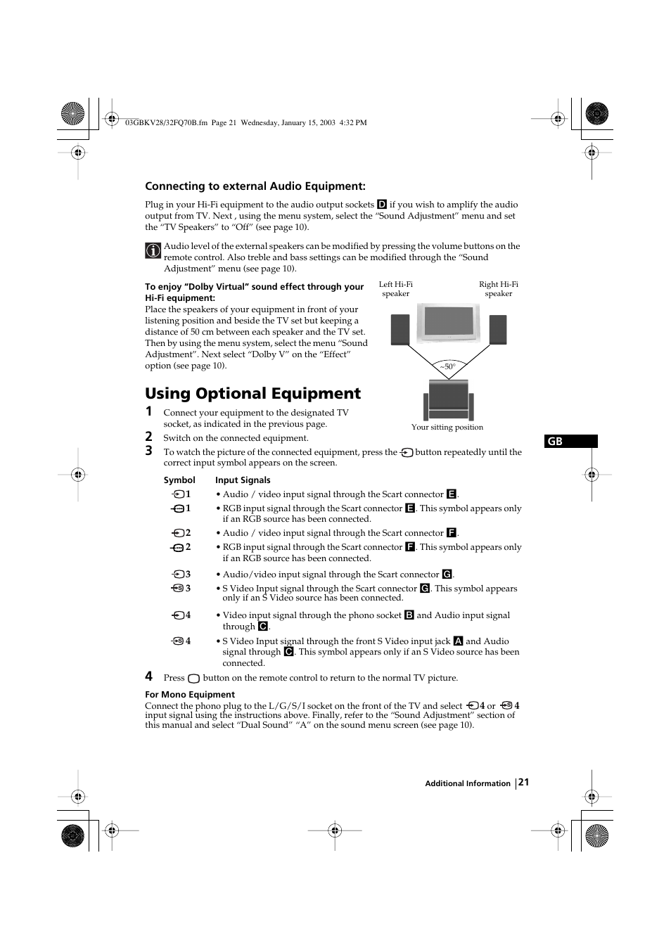 Using optional equipment | Sony FD Trinitron KV-28FQ70B User Manual | Page 21 / 26