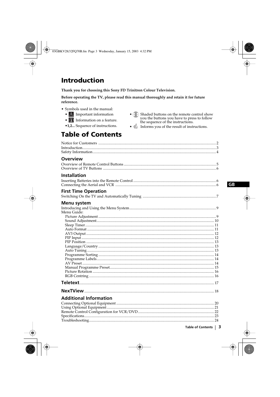 Sony FD Trinitron KV-28FQ70B User Manual | Page 3 / 26