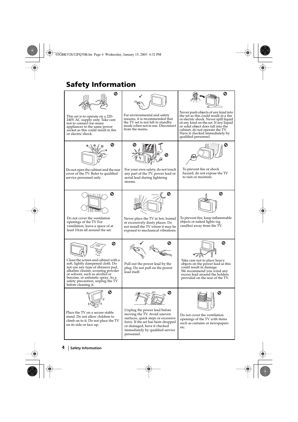 Safety information | Sony FD Trinitron KV-28FQ70B User Manual | Page 4 / 26