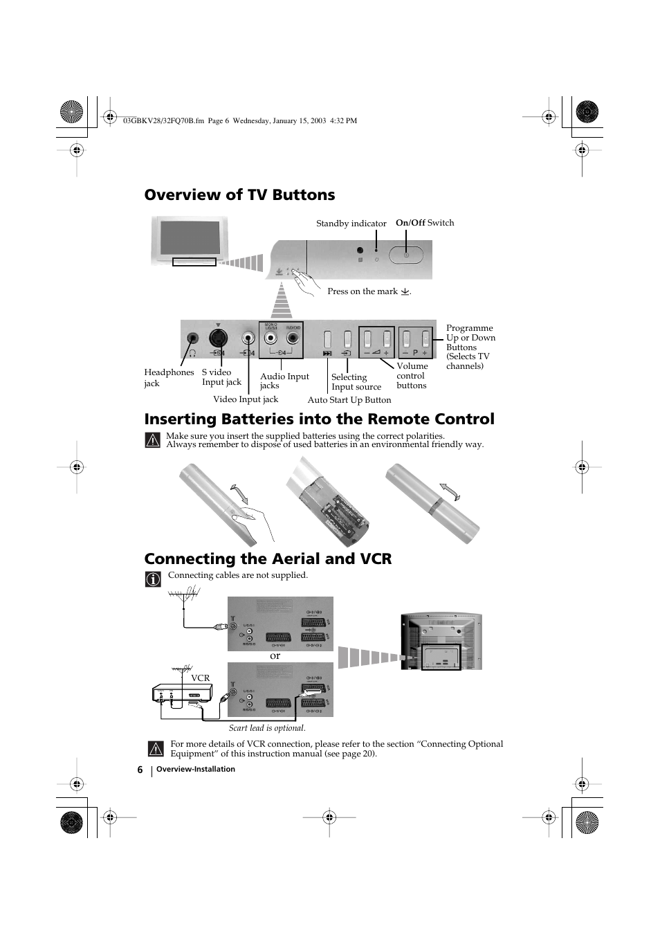 Connecting the aerial and vcr | Sony FD Trinitron KV-28FQ70B User Manual | Page 6 / 26
