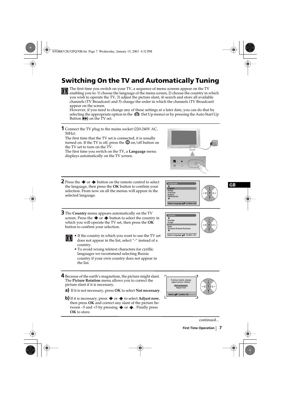 Switching on the tv and automatically tuning | Sony FD Trinitron KV-28FQ70B User Manual | Page 7 / 26