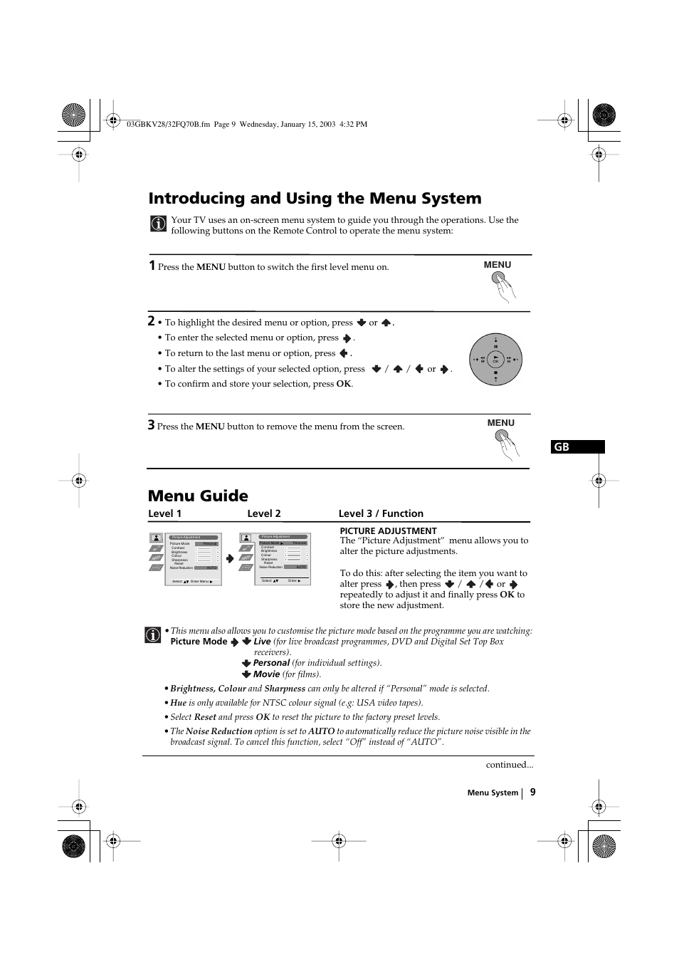 Introducing and using the menu system, Menu guide | Sony FD Trinitron KV-28FQ70B User Manual | Page 9 / 26