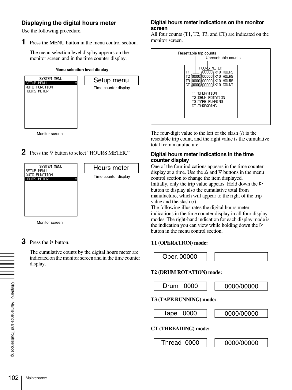 Setup menu, Hours meter, Displaying the digital hours meter | Sony 1500AP User Manual | Page 102 / 125