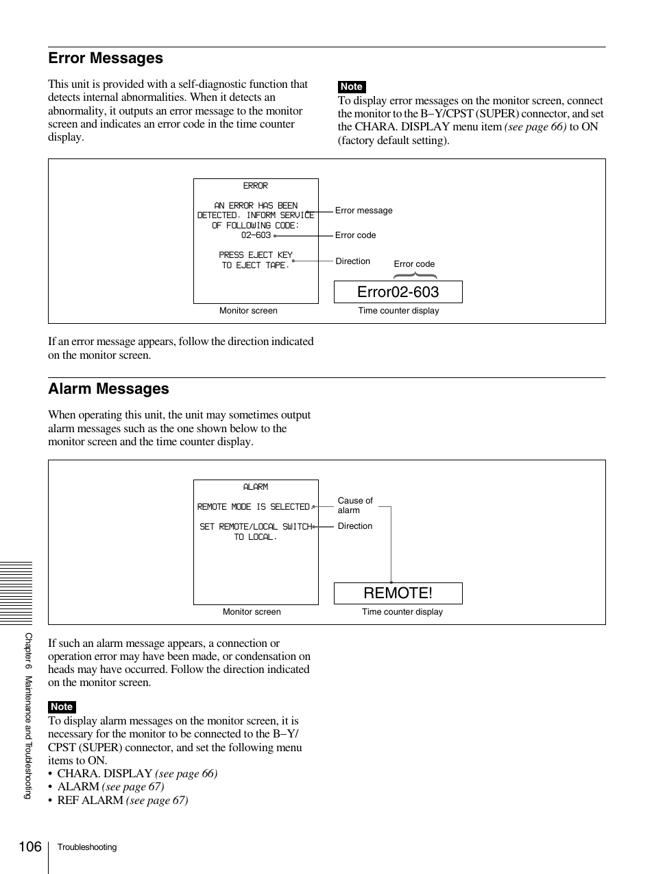 Error messages alarm messages, Error messages, Alarm messages | Remote | Sony 1500AP User Manual | Page 106 / 125