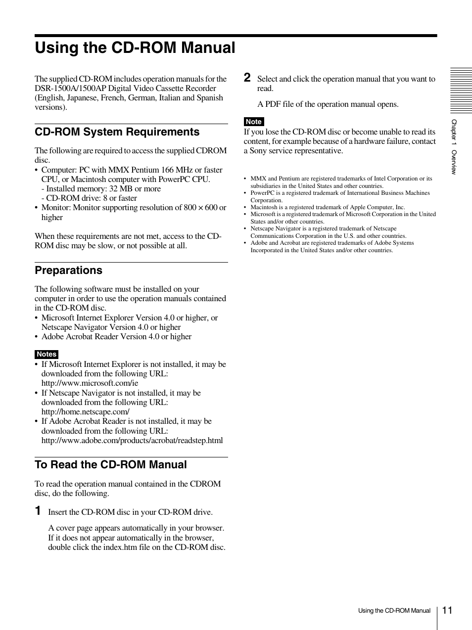 Using the cd-rom manual, Cd-rom system requirements, Preparations | Sony 1500AP User Manual | Page 11 / 125