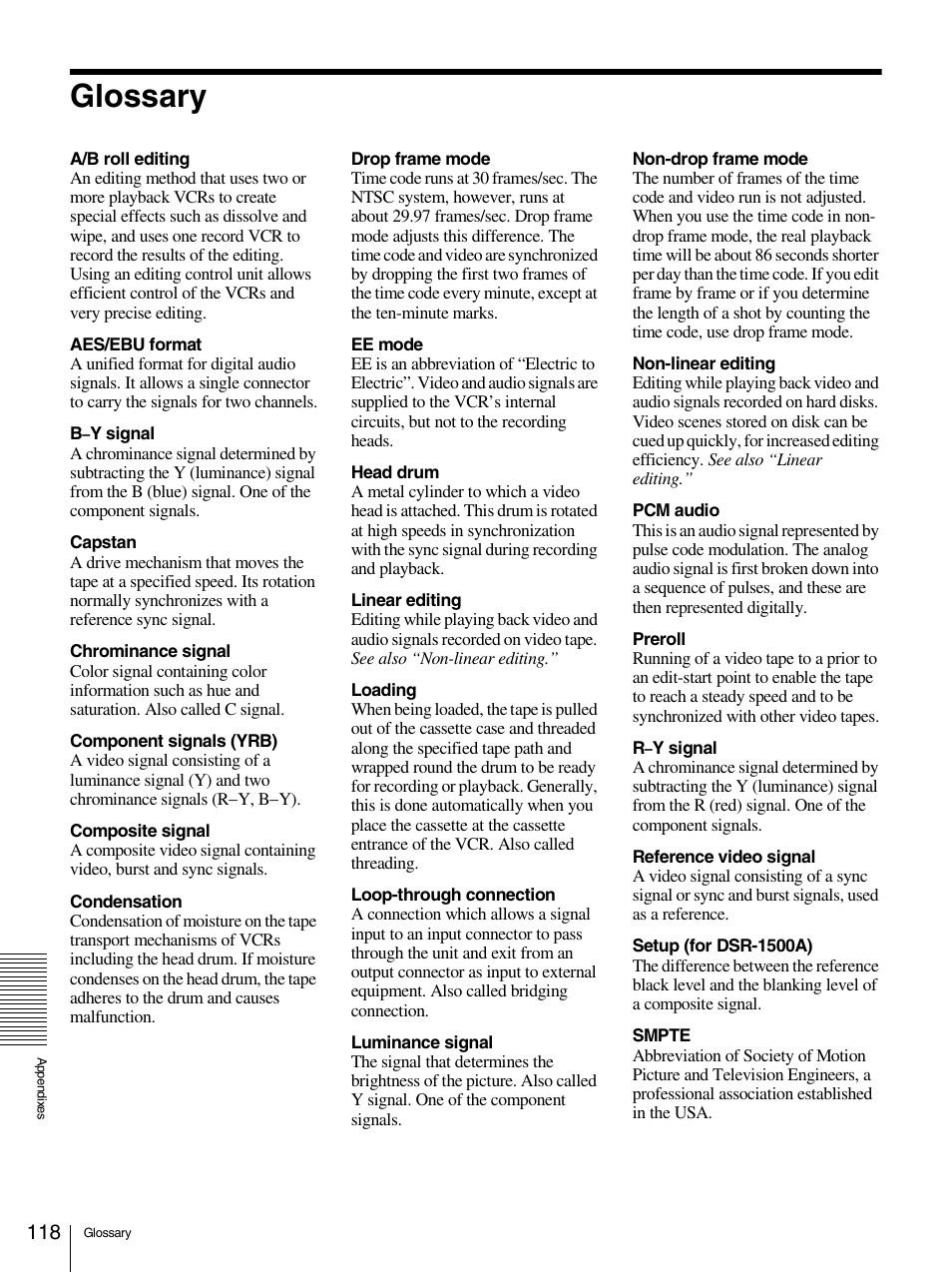 Glossary | Sony 1500AP User Manual | Page 118 / 125