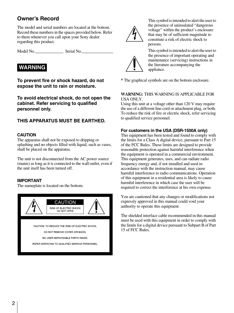 Owner’s record, Warning | Sony 1500AP User Manual | Page 2 / 125