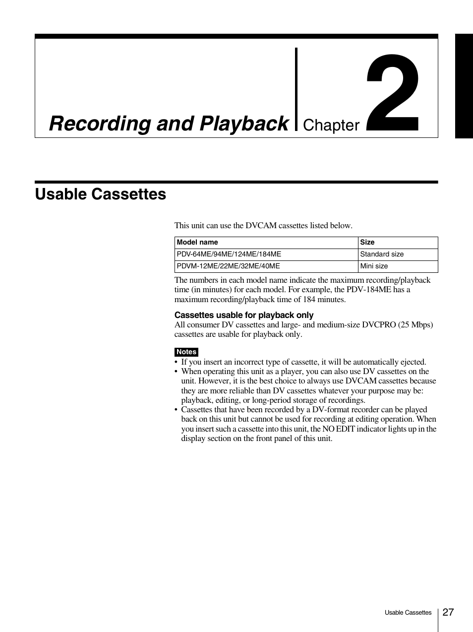 Chapter 2 recording and playback, Usable cassettes, Recording and playback | Sony 1500AP User Manual | Page 27 / 125