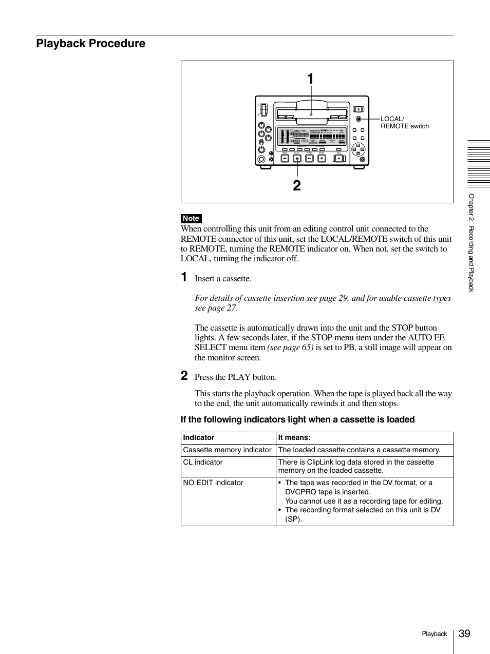 Playback procedure, Local/ remote switch | Sony 1500AP User Manual | Page 39 / 125