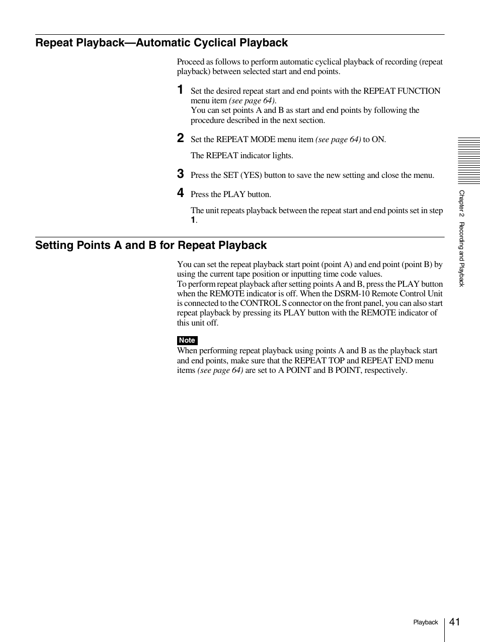 Repeat playback—automatic cyclical playback, Setting points a and b for repeat playback | Sony 1500AP User Manual | Page 41 / 125