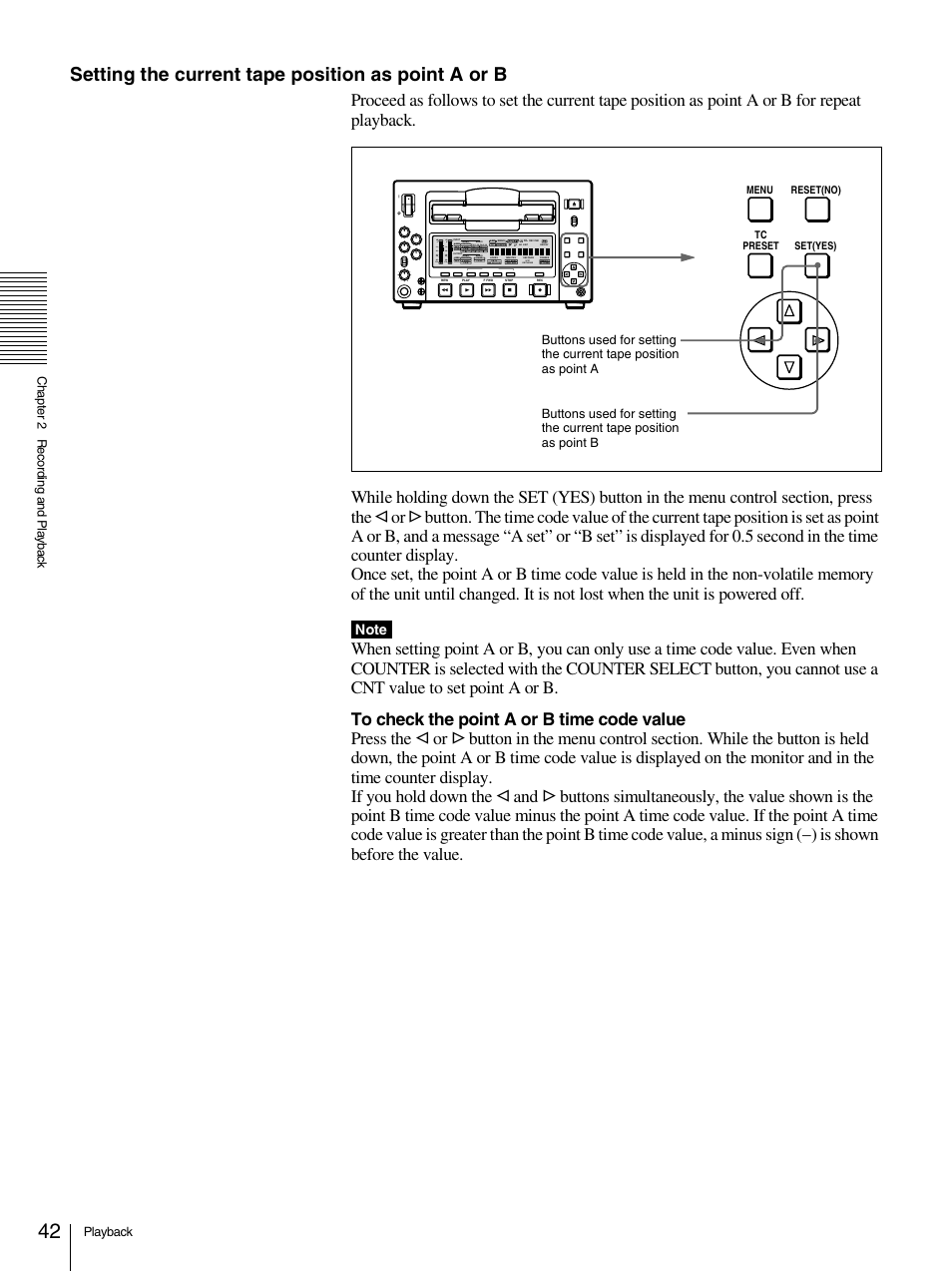 Setting the current tape position as point a or b, Is shown before the value | Sony 1500AP User Manual | Page 42 / 125