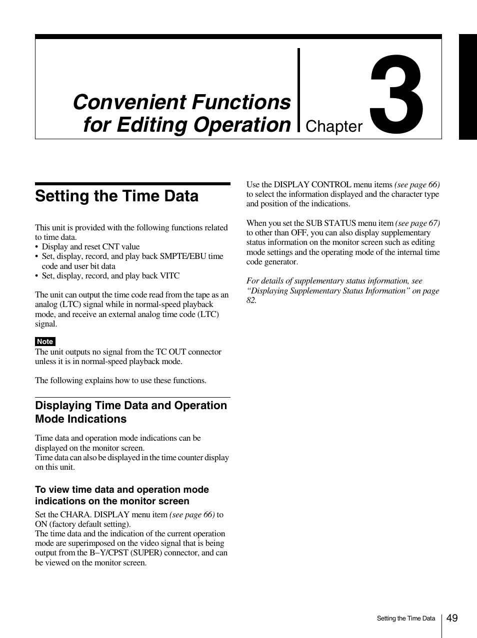 Setting the time data, Displaying time data and operation mode, Indications | Convenient functions for editing operation | Sony 1500AP User Manual | Page 49 / 125