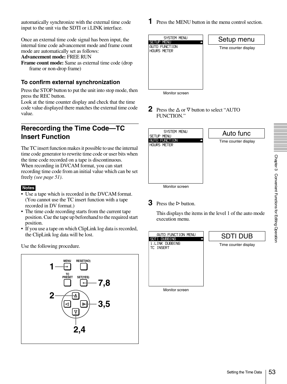 Rerecording the time code—tc insert function, Setup menu, Auto func | Sdti dub | Sony 1500AP User Manual | Page 53 / 125