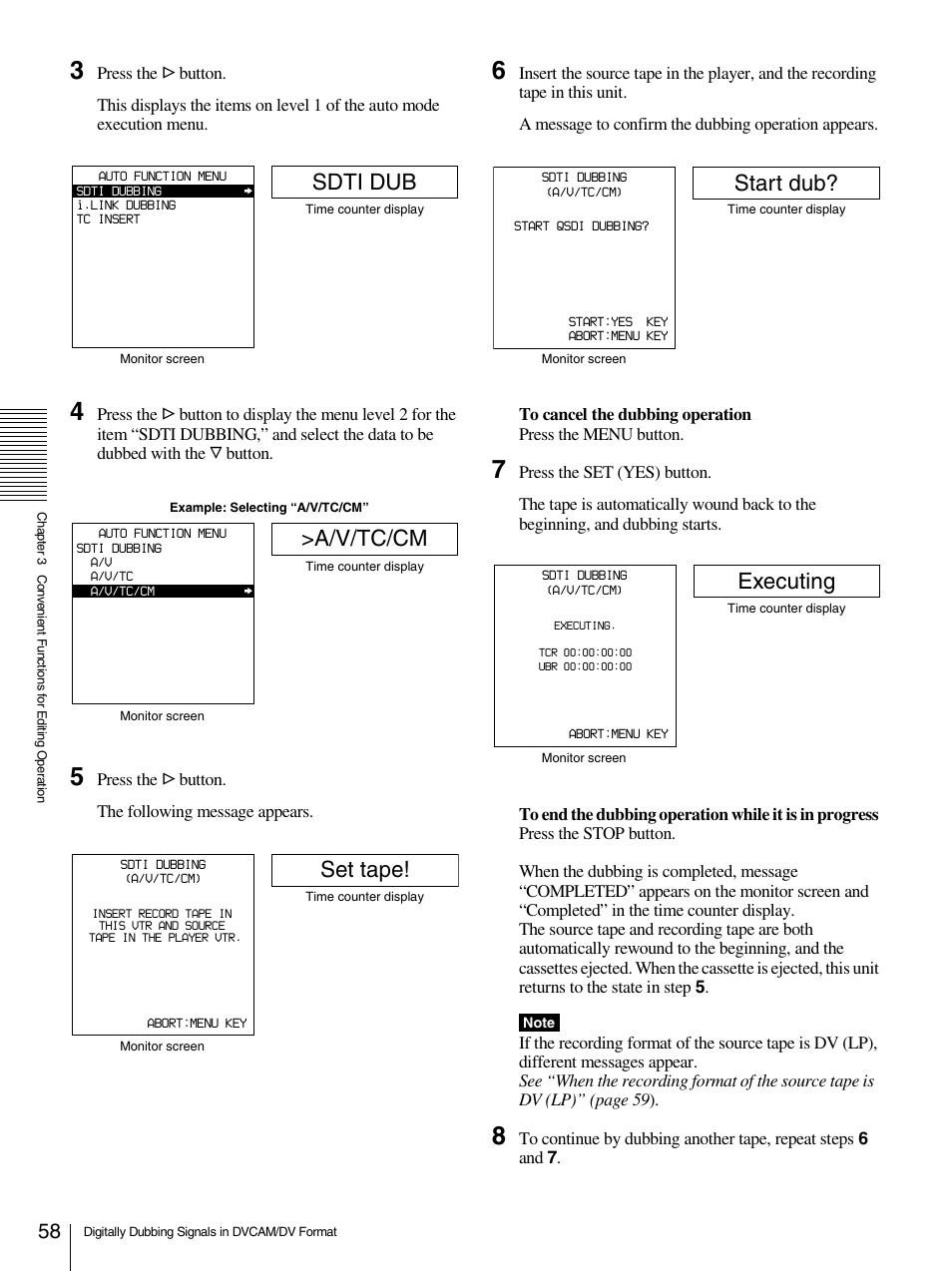 Sdti dub, A/v/tc/cm, Set tape | Start dub, Executing | Sony 1500AP User Manual | Page 58 / 125