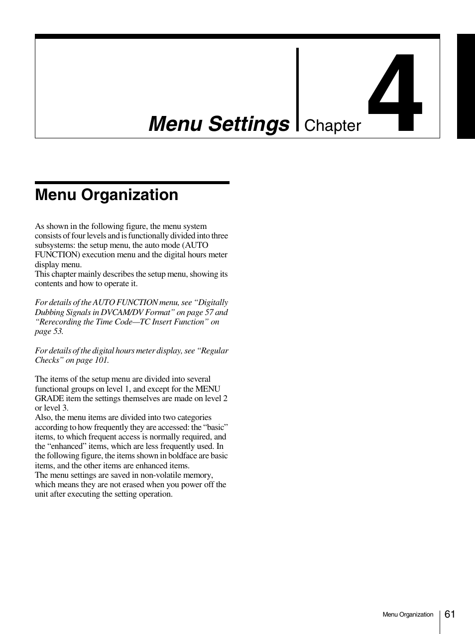 Chapter 4 menu settings, Menu organization, Ter 4 “menu settings | Sony 1500AP User Manual | Page 61 / 125