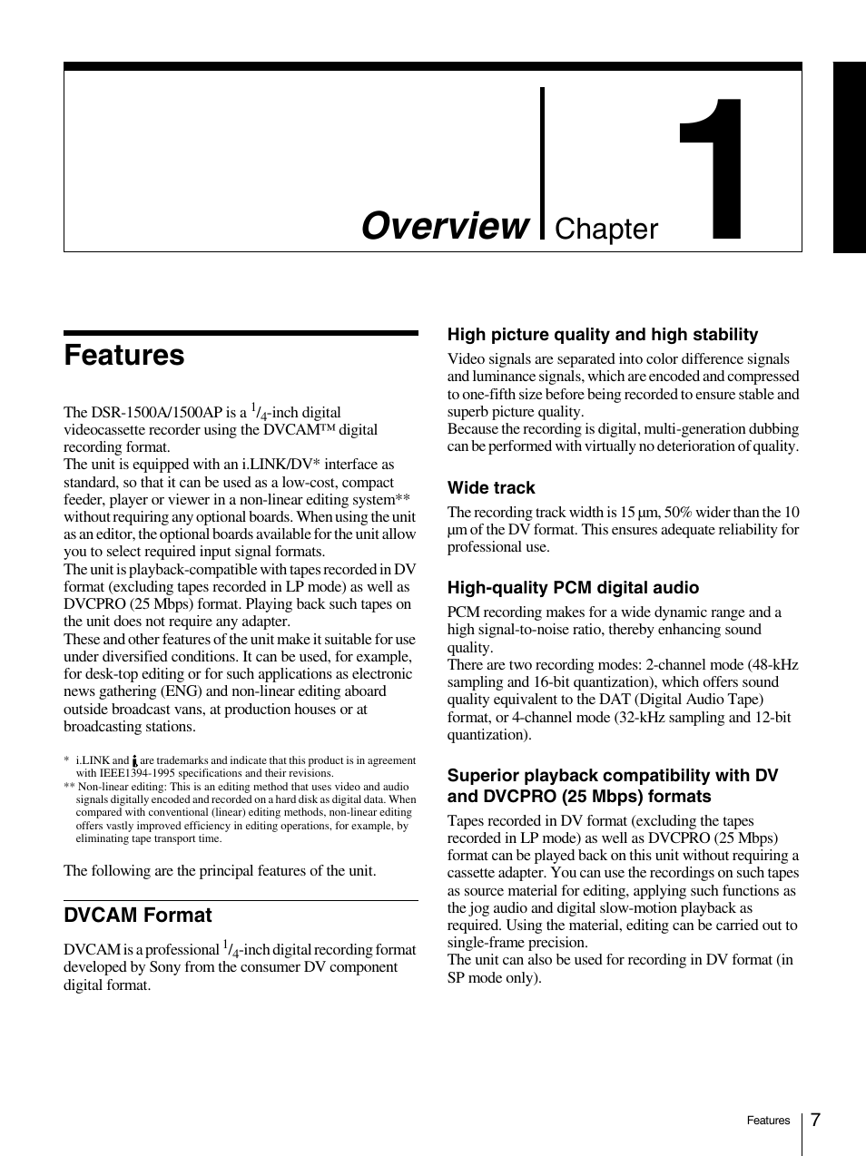 Chapter 1 overview, Features, Dvcam format | Overview, Chapter | Sony 1500AP User Manual | Page 7 / 125