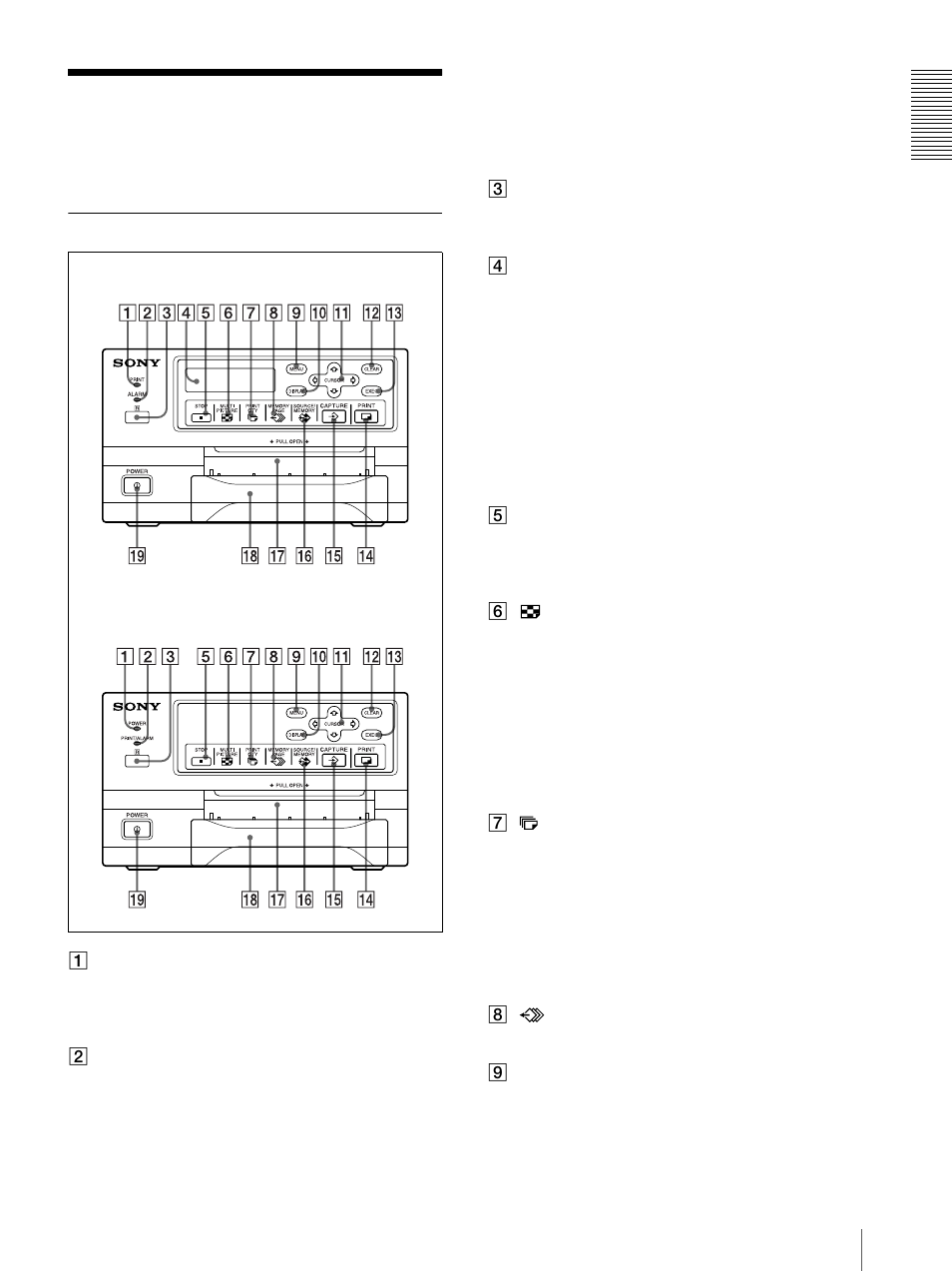 Location and function of parts and controls, Front panel | Sony UP20 User Manual | Page 5 / 67