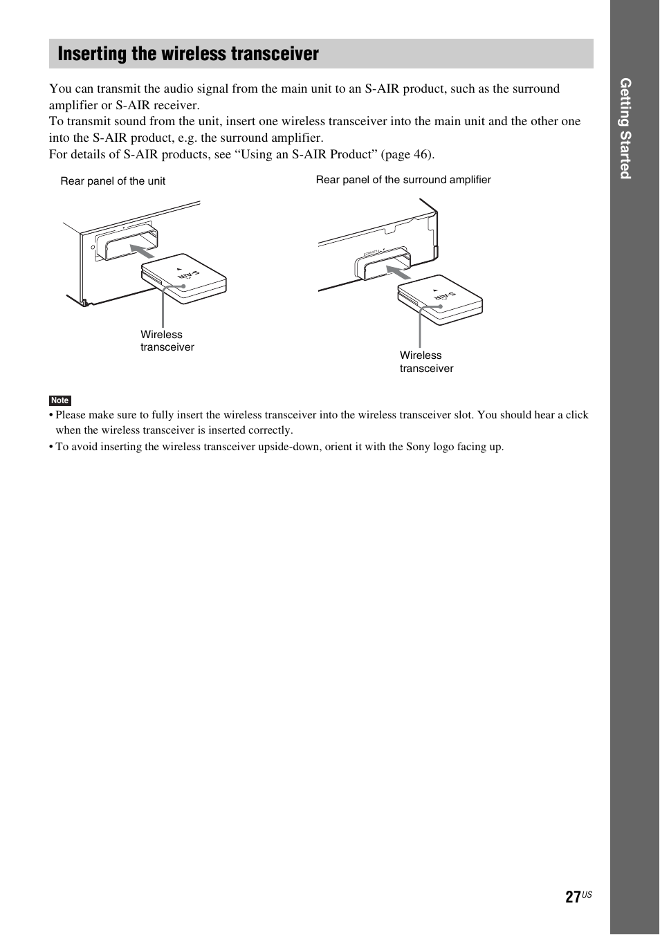 Inserting the wireless transceiver, E 27), Ge tting star te d | Sony IZ1000W User Manual | Page 27 / 88