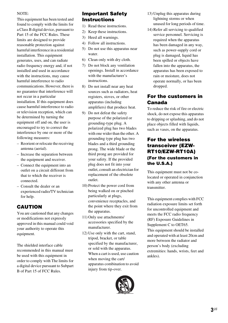 Caution, Important safety instructions, For the customers in canada | For the wireless transceiver (ezw- rt10/ezw-rt10a) | Sony IZ1000W User Manual | Page 3 / 88