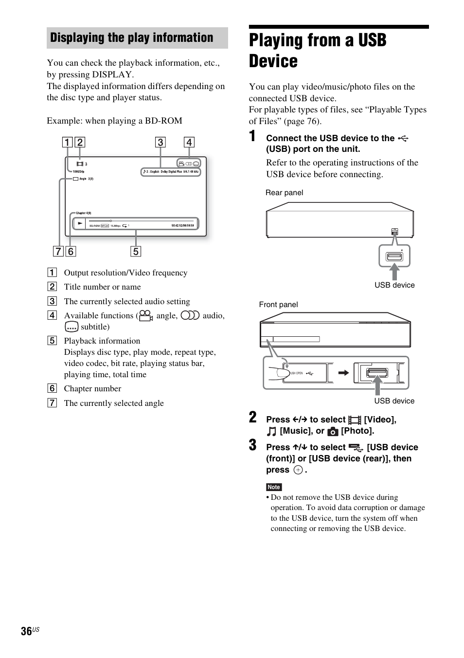 Displaying the play information, Playing from a usb device | Sony IZ1000W User Manual | Page 36 / 88