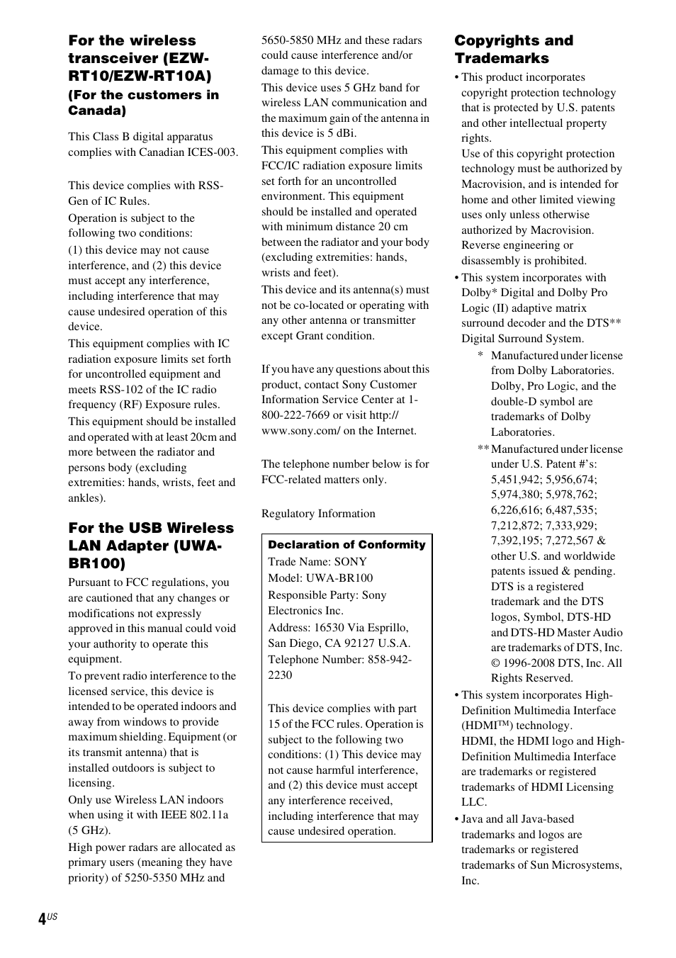 For the wireless transceiver (ezw- rt10/ezw-rt10a), For the usb wireless lan adapter (uwa- br100), Copyrights and trademarks | Sony IZ1000W User Manual | Page 4 / 88