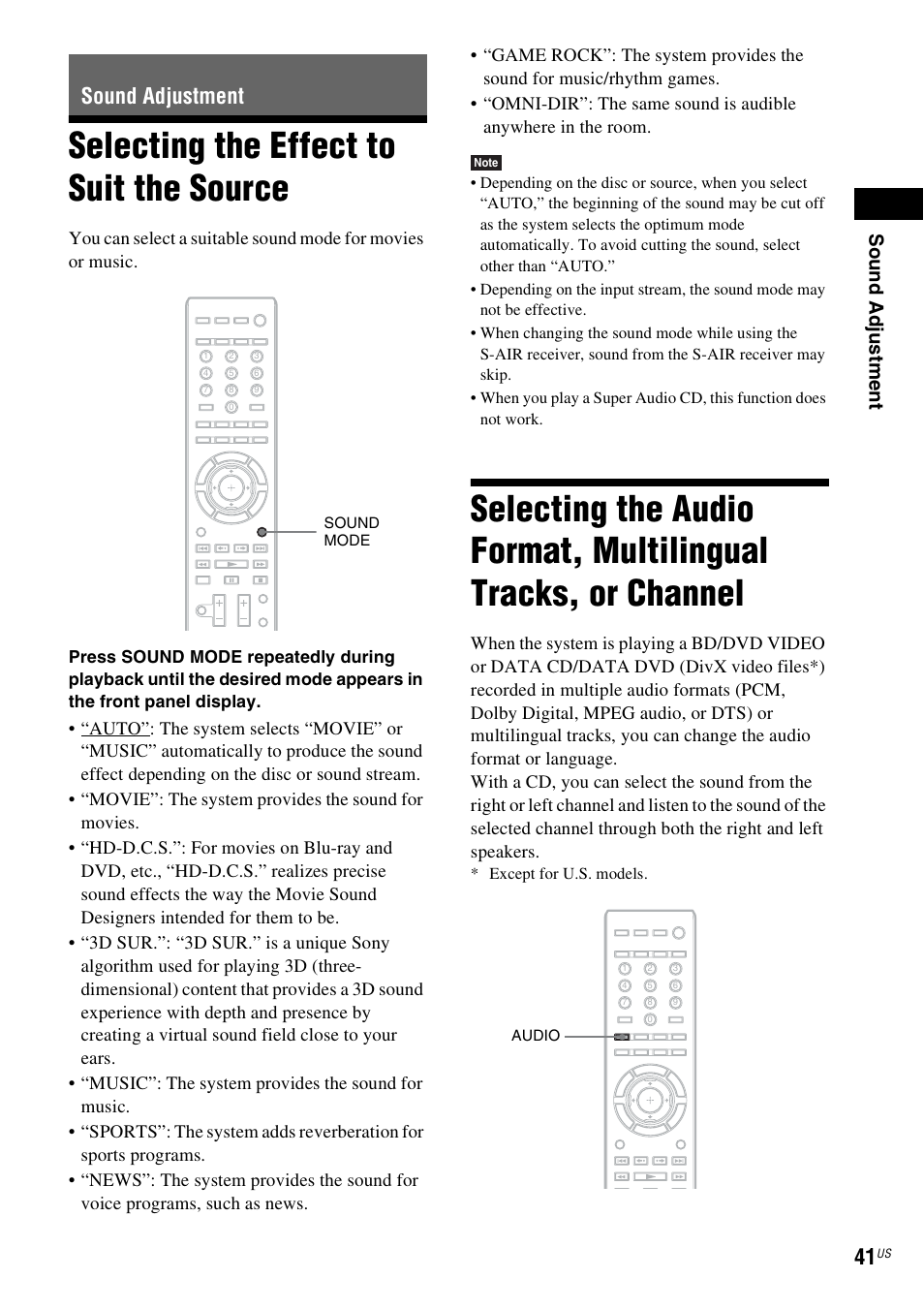 Sound adjustment, Selecting the effect to suit the source, Selecting the effect to suit | The source, Selecting the audio format, multilingual, Tracks, or channel, Es 41, Sou nd adj u stm e nt | Sony IZ1000W User Manual | Page 41 / 88