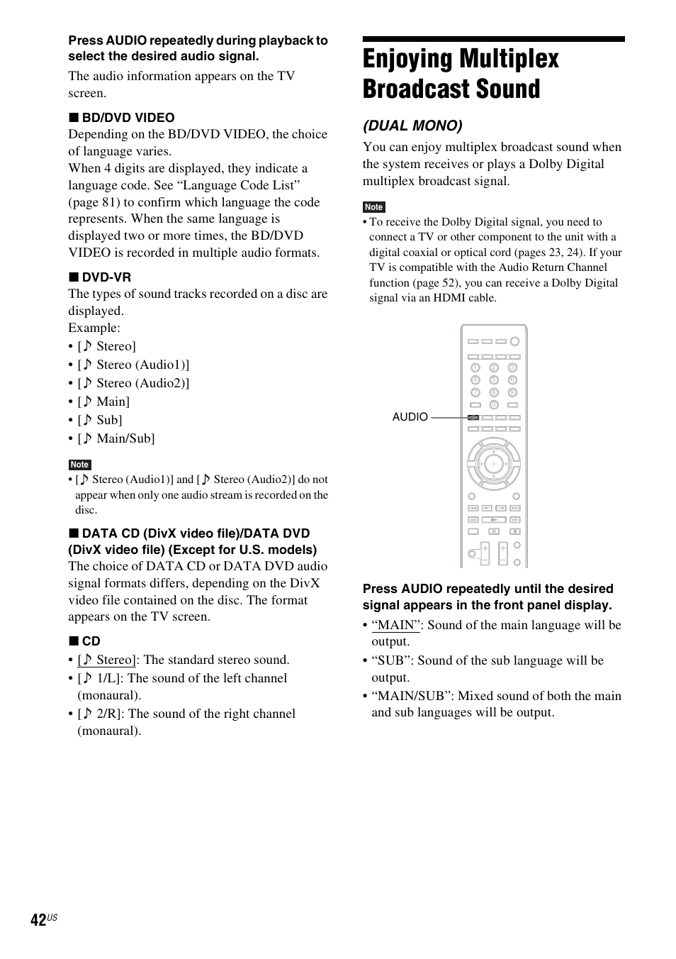 Enjoying multiplex broadcast sound, Enjoying multiplex broadcast, Sound | Dual mono) | Sony IZ1000W User Manual | Page 42 / 88