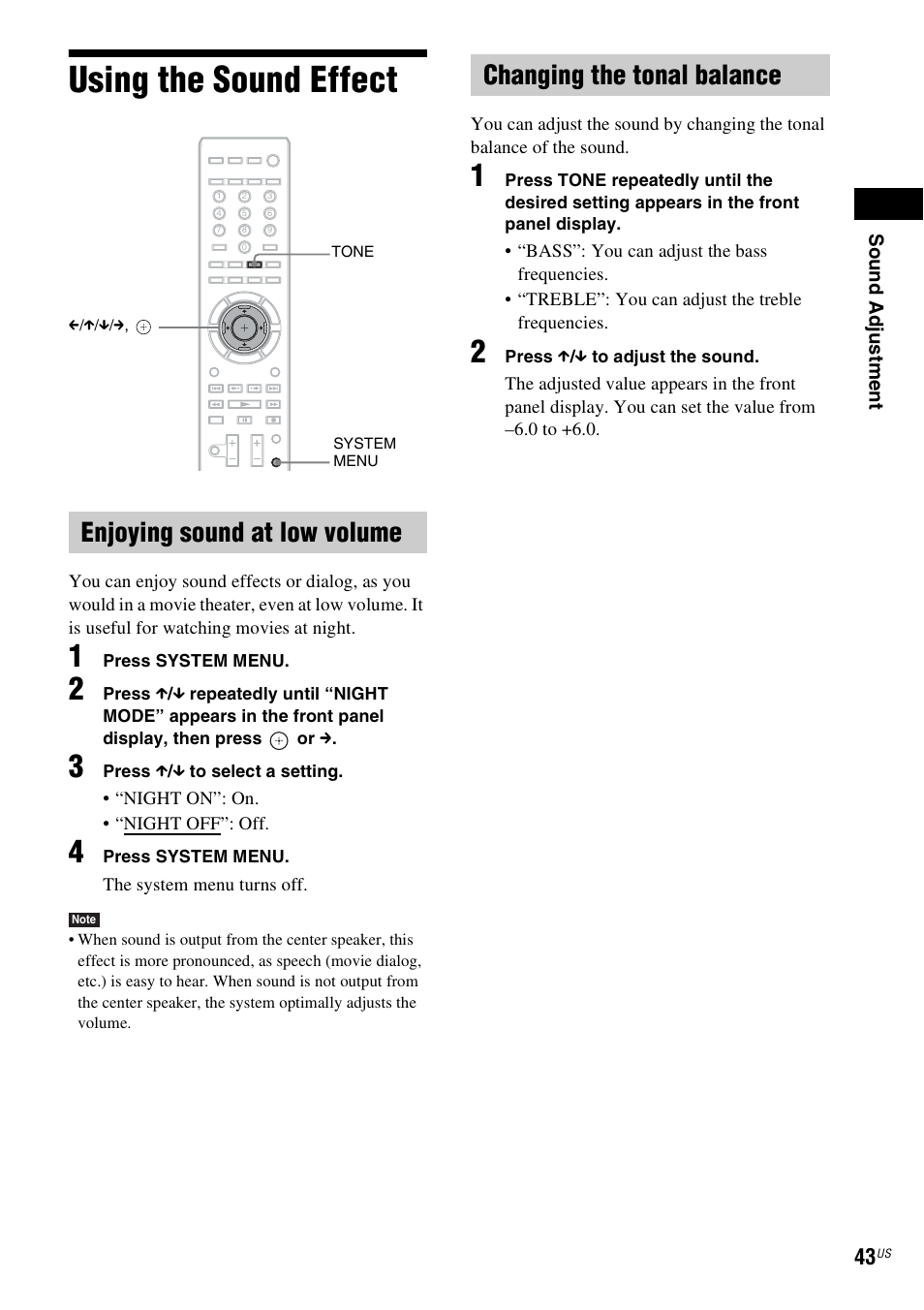 Using the sound effect, Enjoying sound at low volume, Changing the tonal balance | Sony IZ1000W User Manual | Page 43 / 88