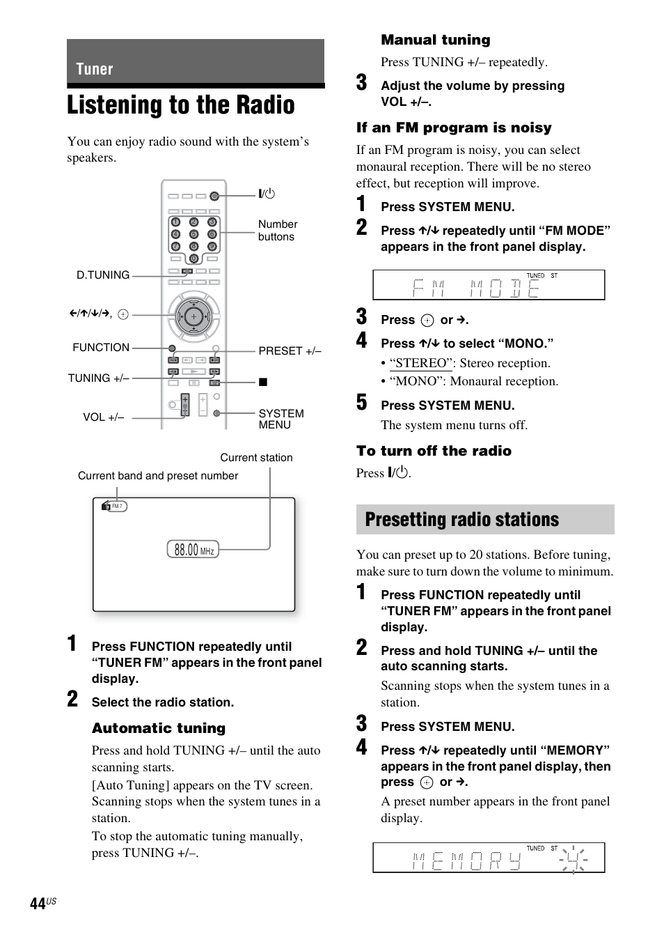 Tuner, Listening to the radio, Presetting radio stations | E 44) | Sony IZ1000W User Manual | Page 44 / 88