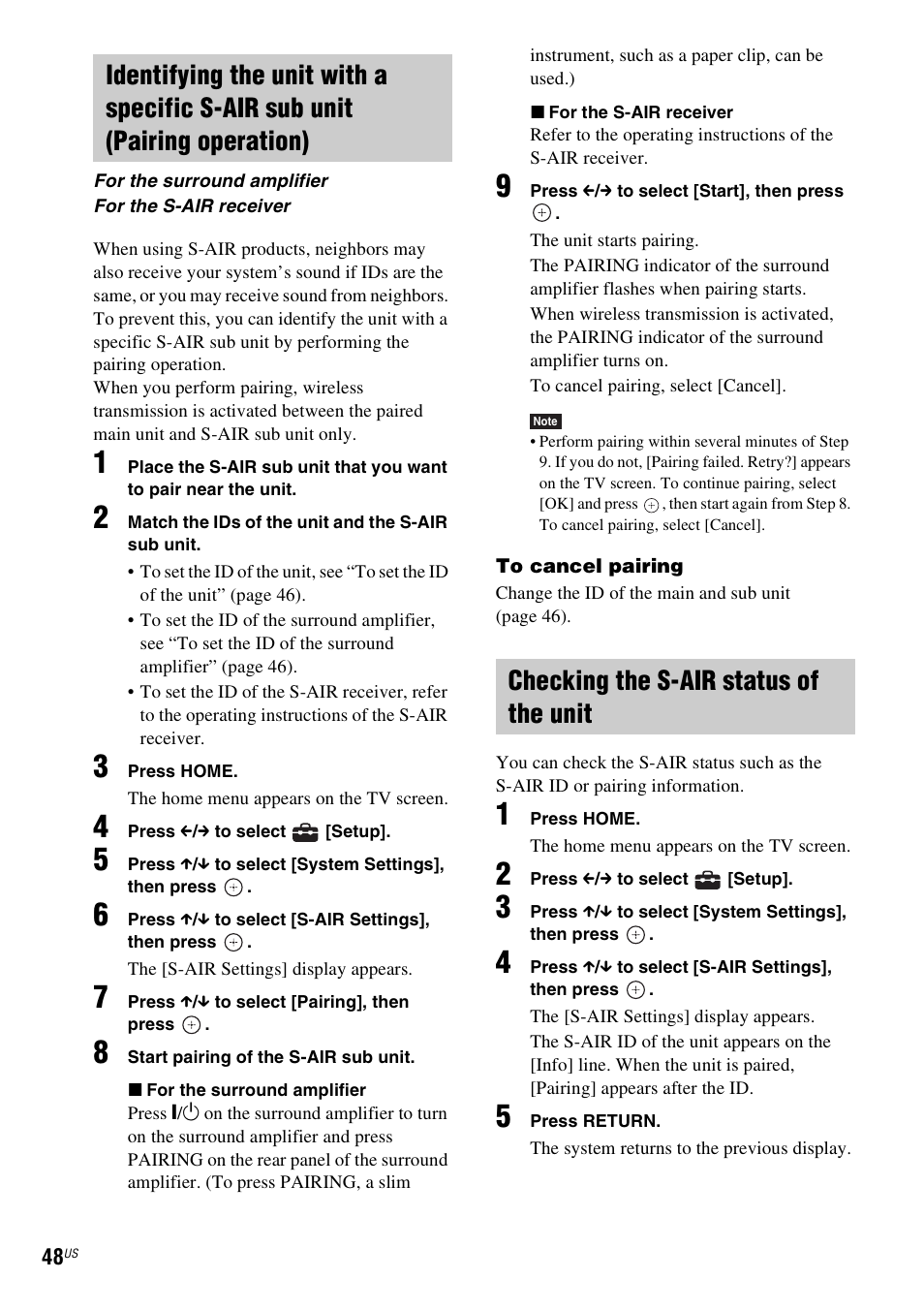 Checking the s-air status of the unit | Sony IZ1000W User Manual | Page 48 / 88