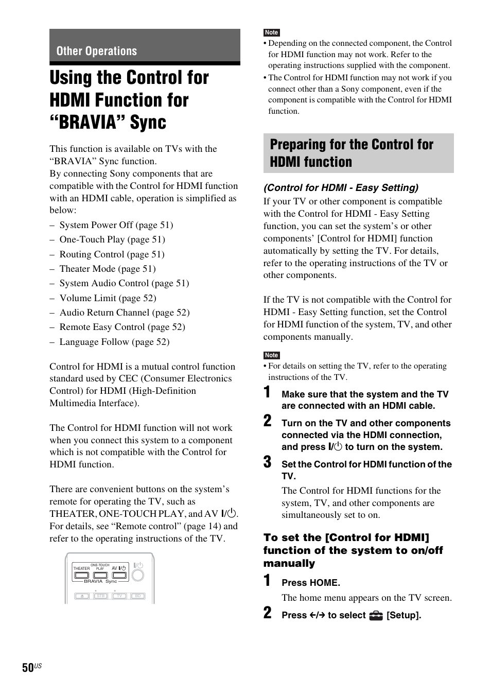 Other operations, Preparing for the control for hdmi function, Using the control for hdmi function for | Bravia” sync | Sony IZ1000W User Manual | Page 50 / 88