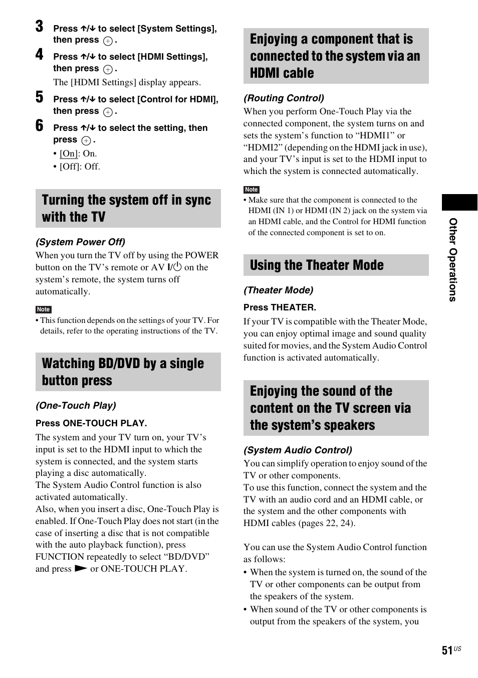 Turning the system off in sync with the tv, Watching bd/dvd by a single button press, Using the theater mode | Sony IZ1000W User Manual | Page 51 / 88