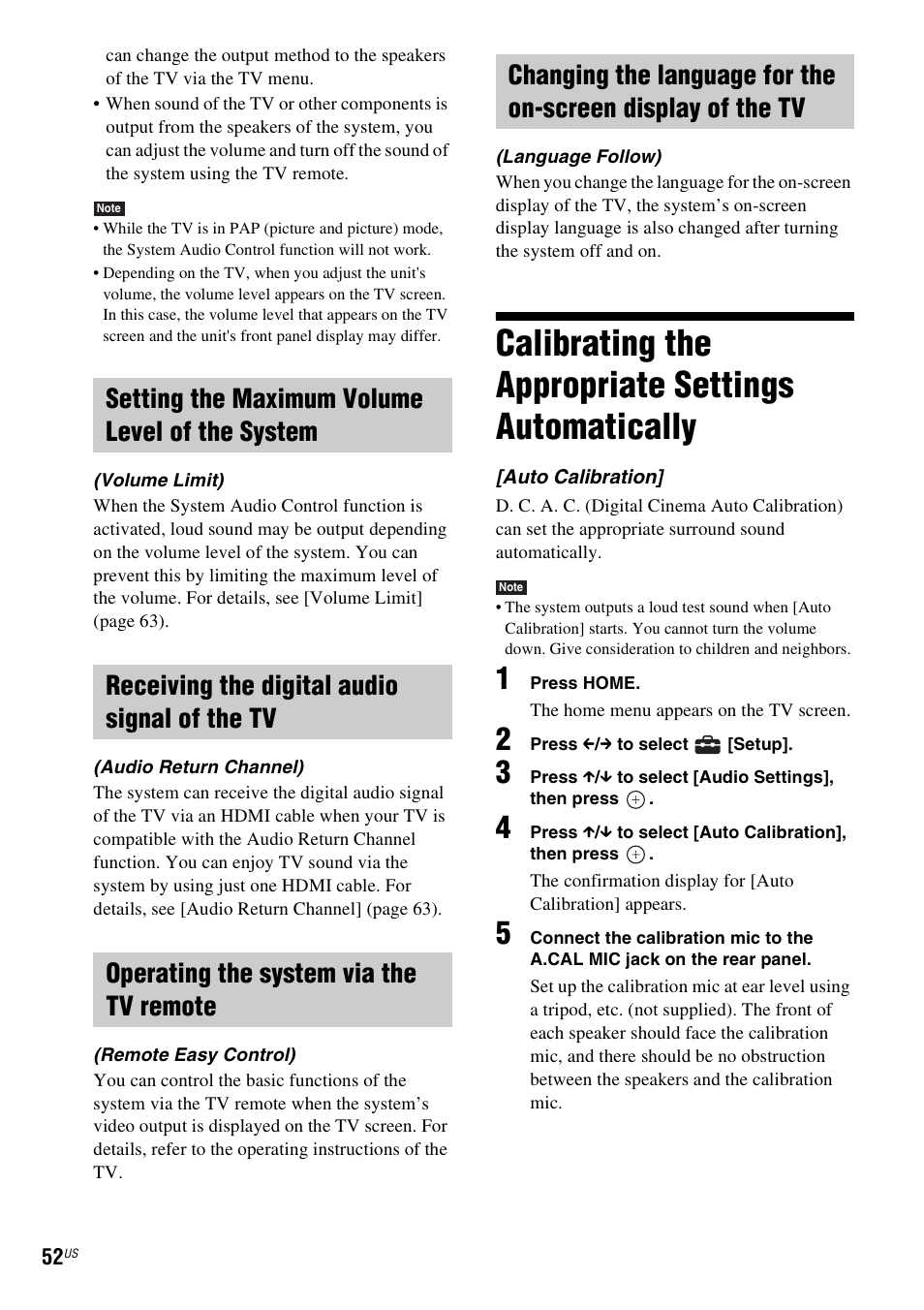 Setting the maximum volume level of the system, Receiving the digital audio signal of the tv, Operating the system via the tv remote | Calibrating the appropriate settings automatically, Calibrating the appropriate settings, Automatically | Sony IZ1000W User Manual | Page 52 / 88