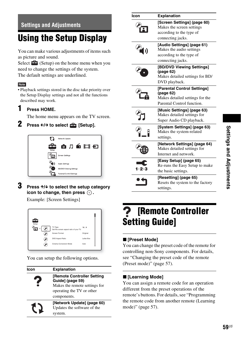 Settings and adjustments, Using the setup display, Remote controller setting guide | Sony IZ1000W User Manual | Page 59 / 88