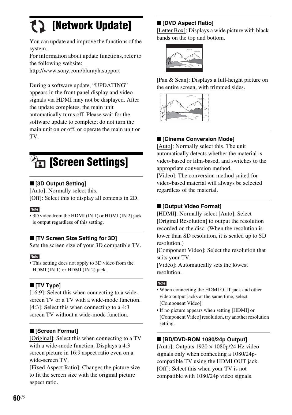 Network update, Screen settings, Network update] [screen settings | Sony IZ1000W User Manual | Page 60 / 88