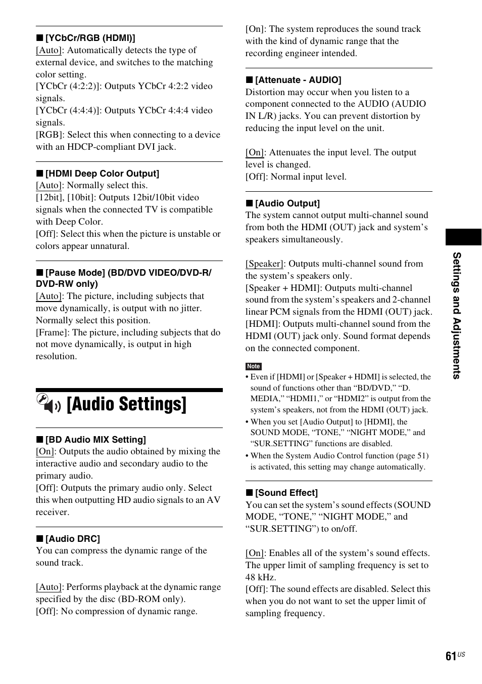 Audio settings | Sony IZ1000W User Manual | Page 61 / 88