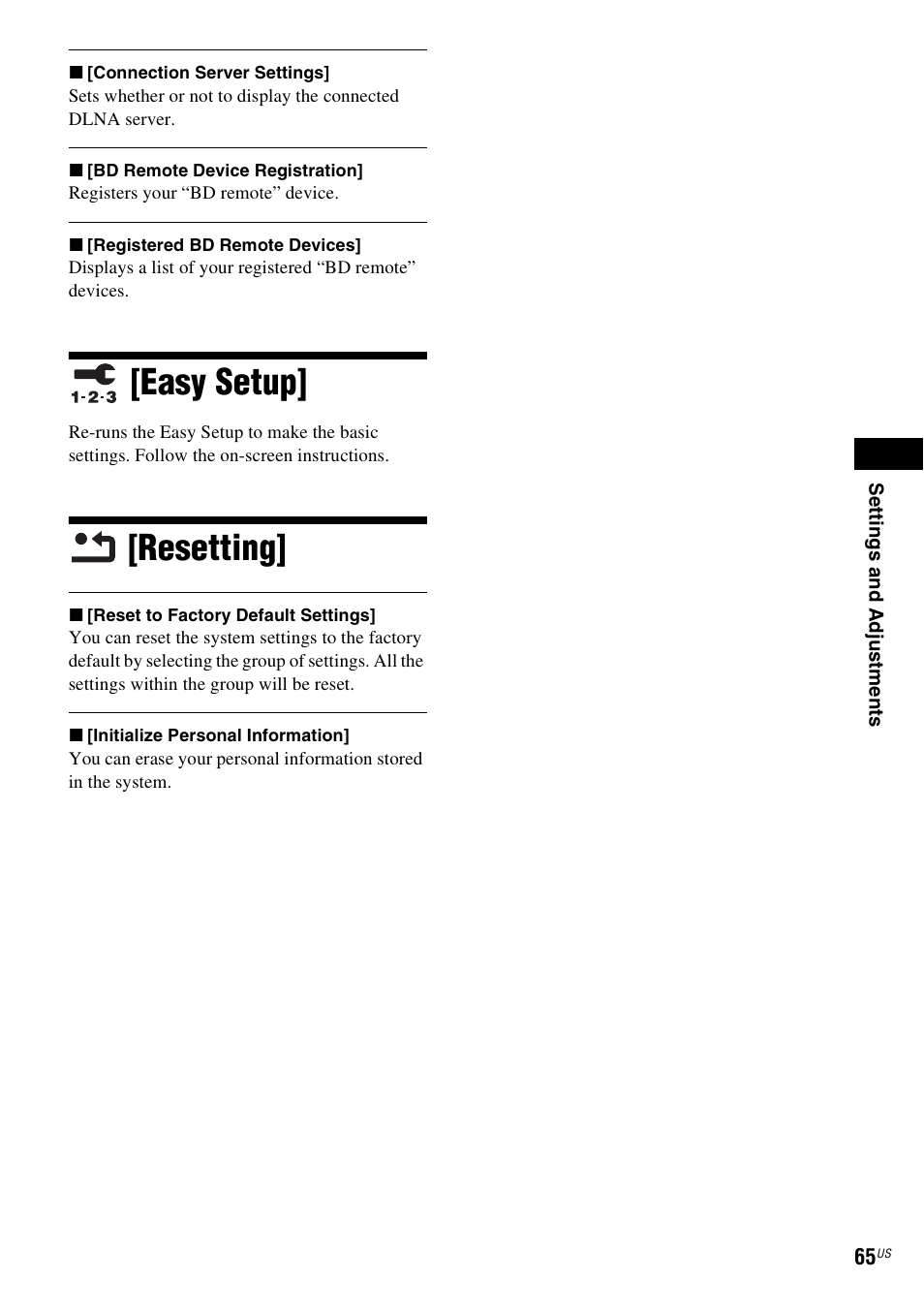 Easy setup, Resetting, Easy setup] [resetting | Sony IZ1000W User Manual | Page 65 / 88