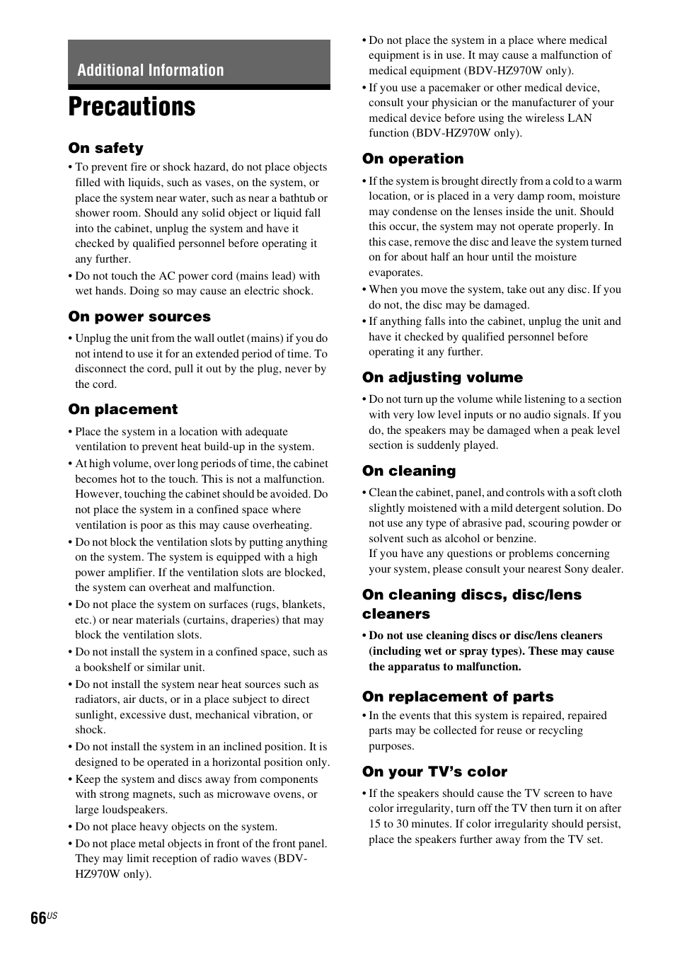 Additional information, Precautions | Sony IZ1000W User Manual | Page 66 / 88