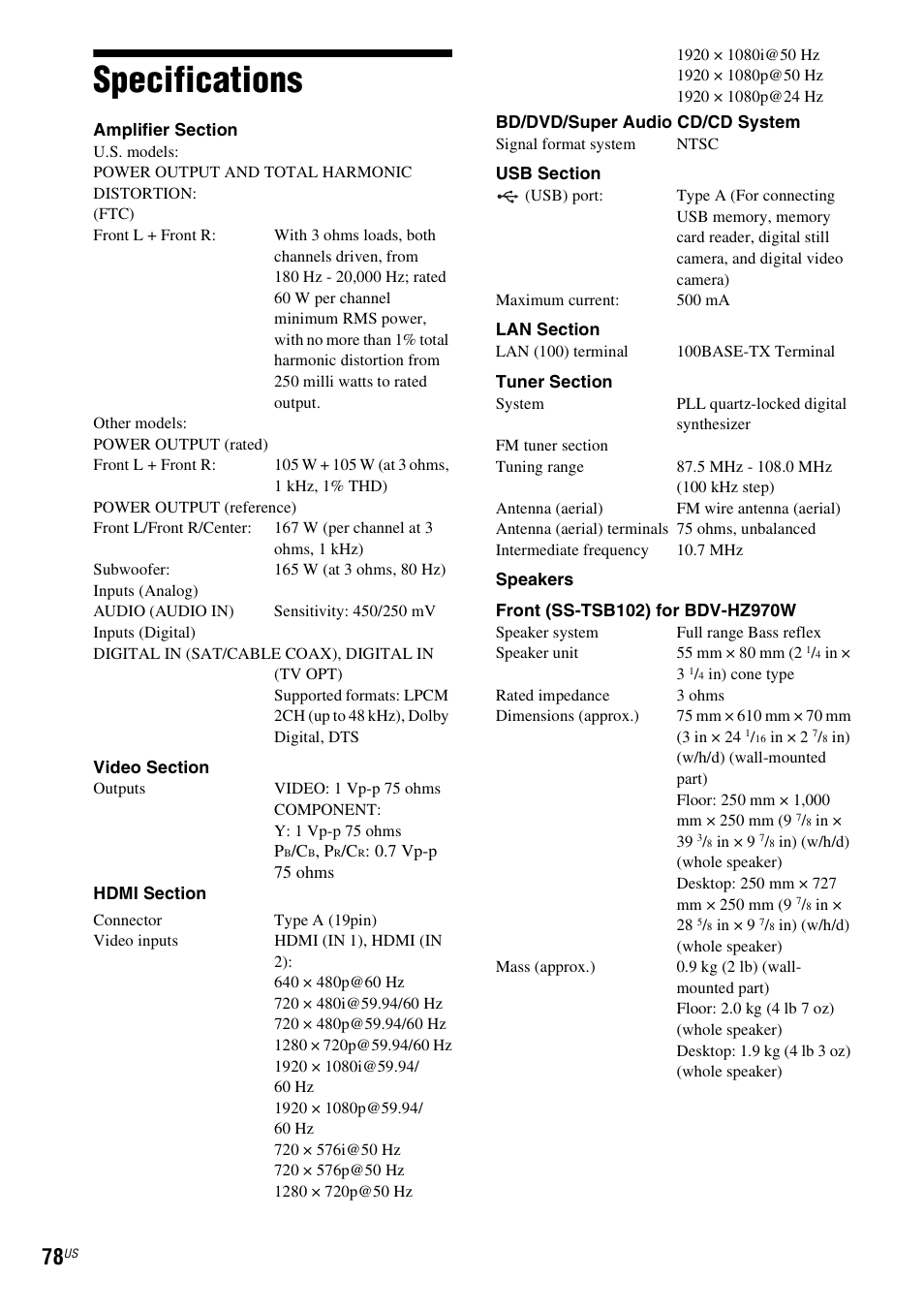 Specifications | Sony IZ1000W User Manual | Page 78 / 88