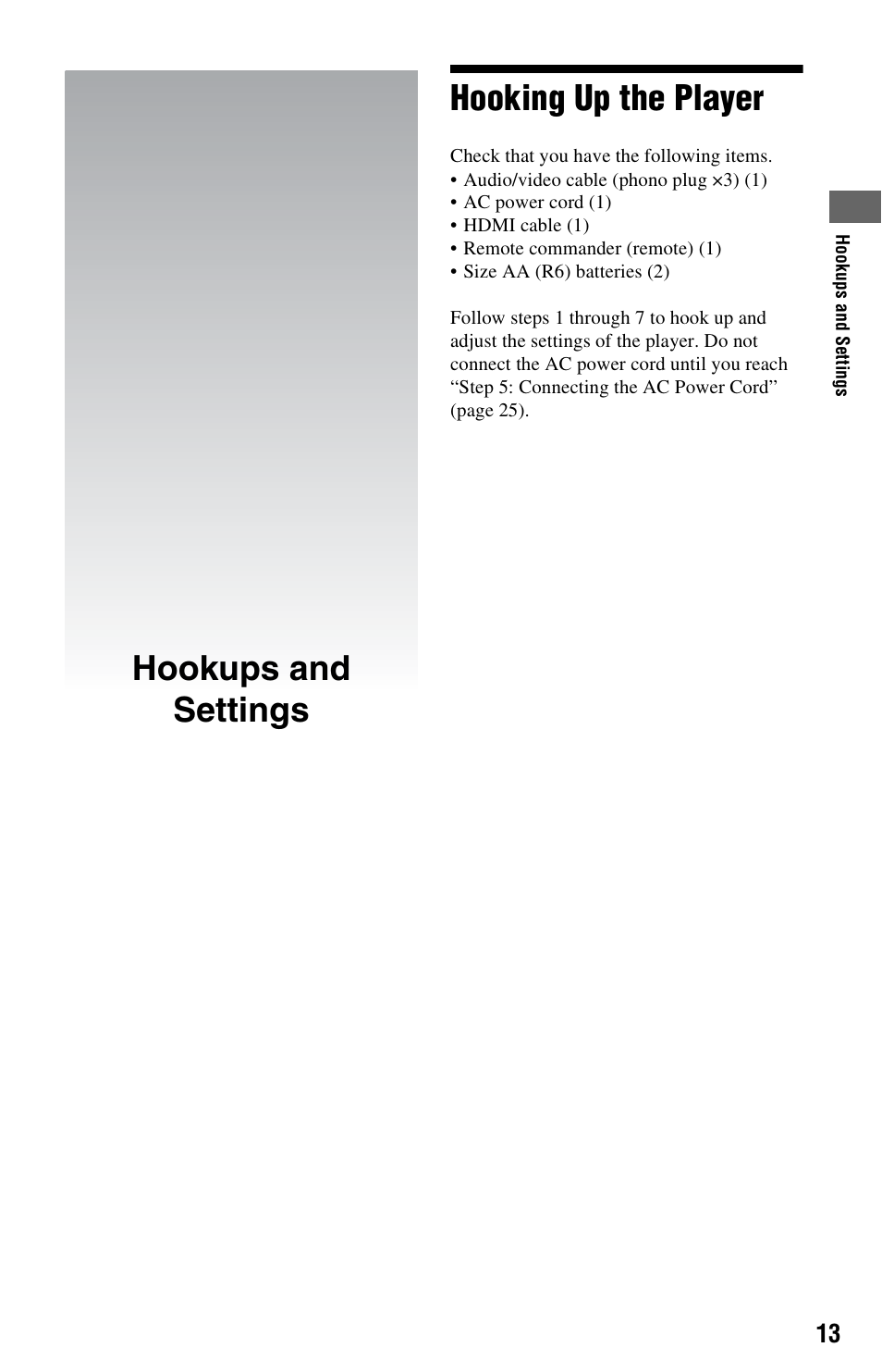 Hookups and settings, Hooking up the player, Hookups and settings hooking up the player | Sony BDP-BX1 User Manual | Page 13 / 79