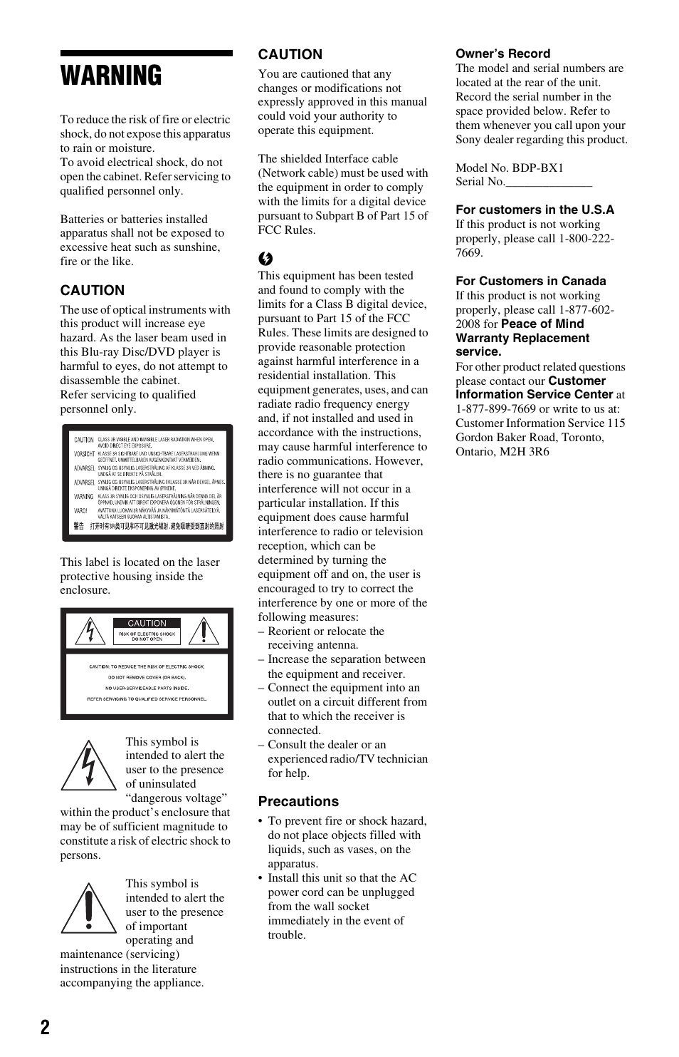 Warning | Sony BDP-BX1 User Manual | Page 2 / 79