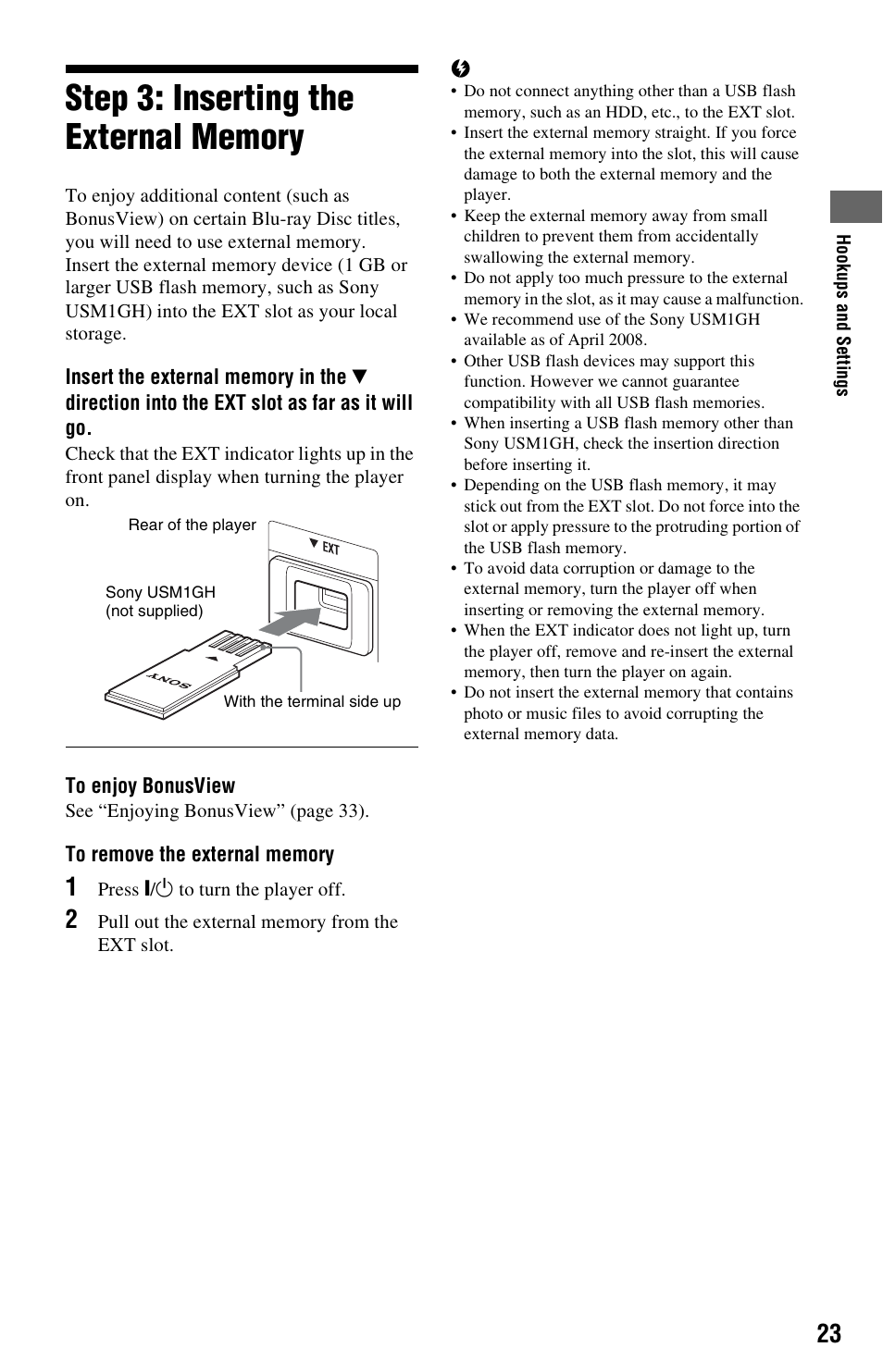 Step 3: inserting the external memory | Sony BDP-BX1 User Manual | Page 23 / 79