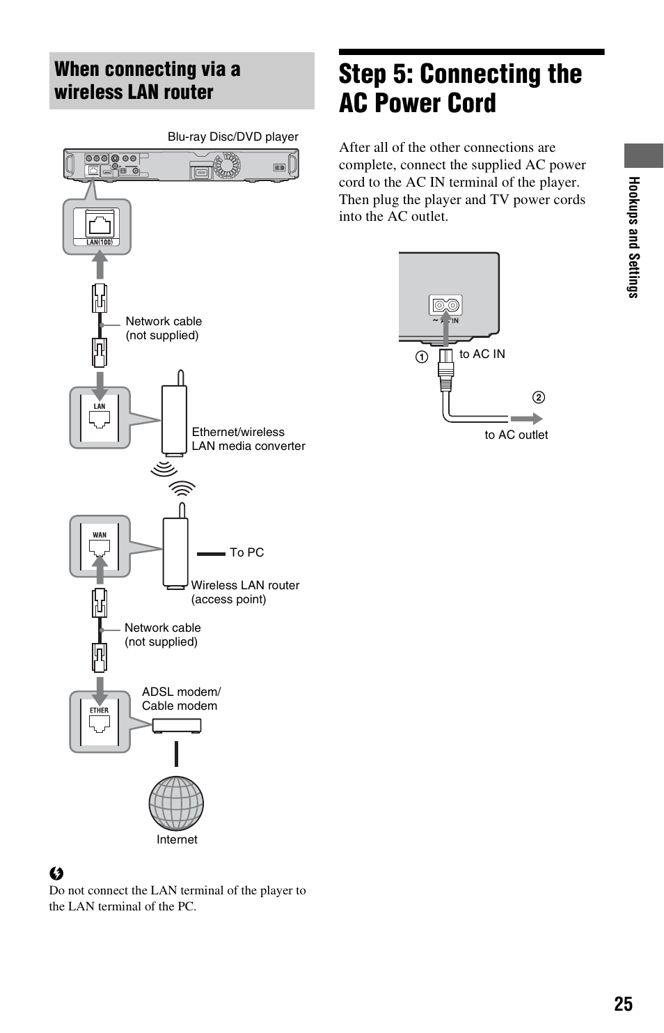 When connecting via a wireless lan router, Step 5: connecting the ac power cord | Sony BDP-BX1 User Manual | Page 25 / 79