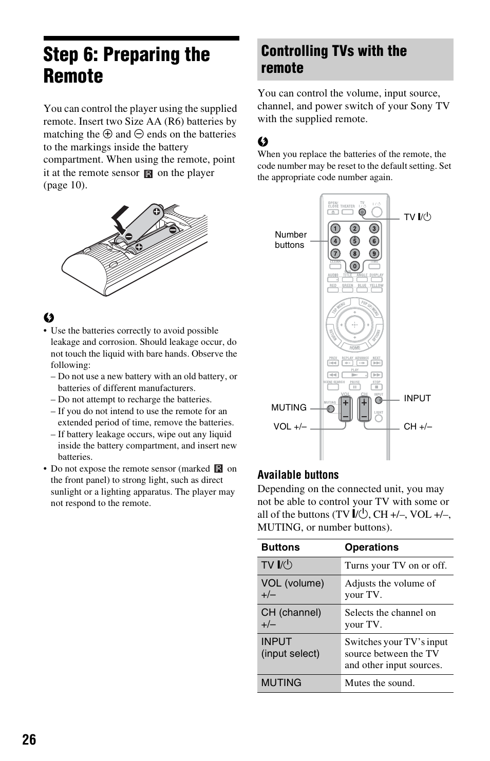 Step 6: preparing the remote, Controlling tvs with the remote | Sony BDP-BX1 User Manual | Page 26 / 79