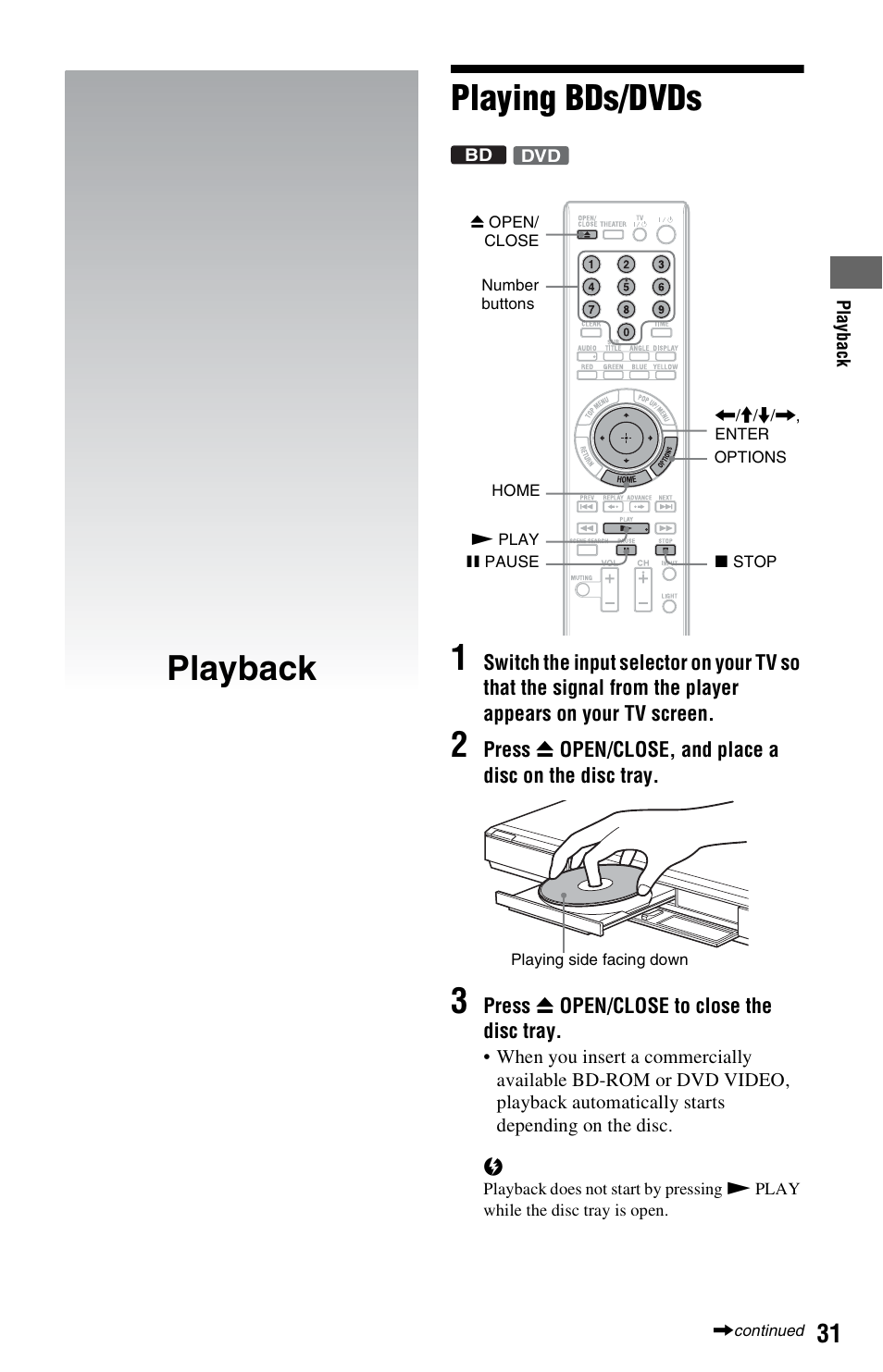 Playback, Playing bds/dvds, Playback playing bds/dvds 1 | Sony BDP-BX1 User Manual | Page 31 / 79