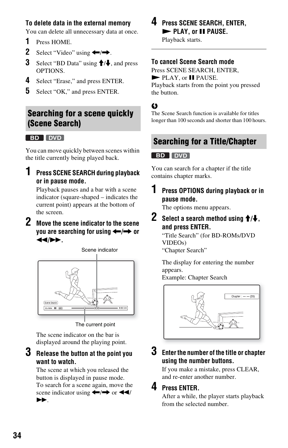 Searching for a scene quickly (scene search), Searching for a title/chapter | Sony BDP-BX1 User Manual | Page 34 / 79