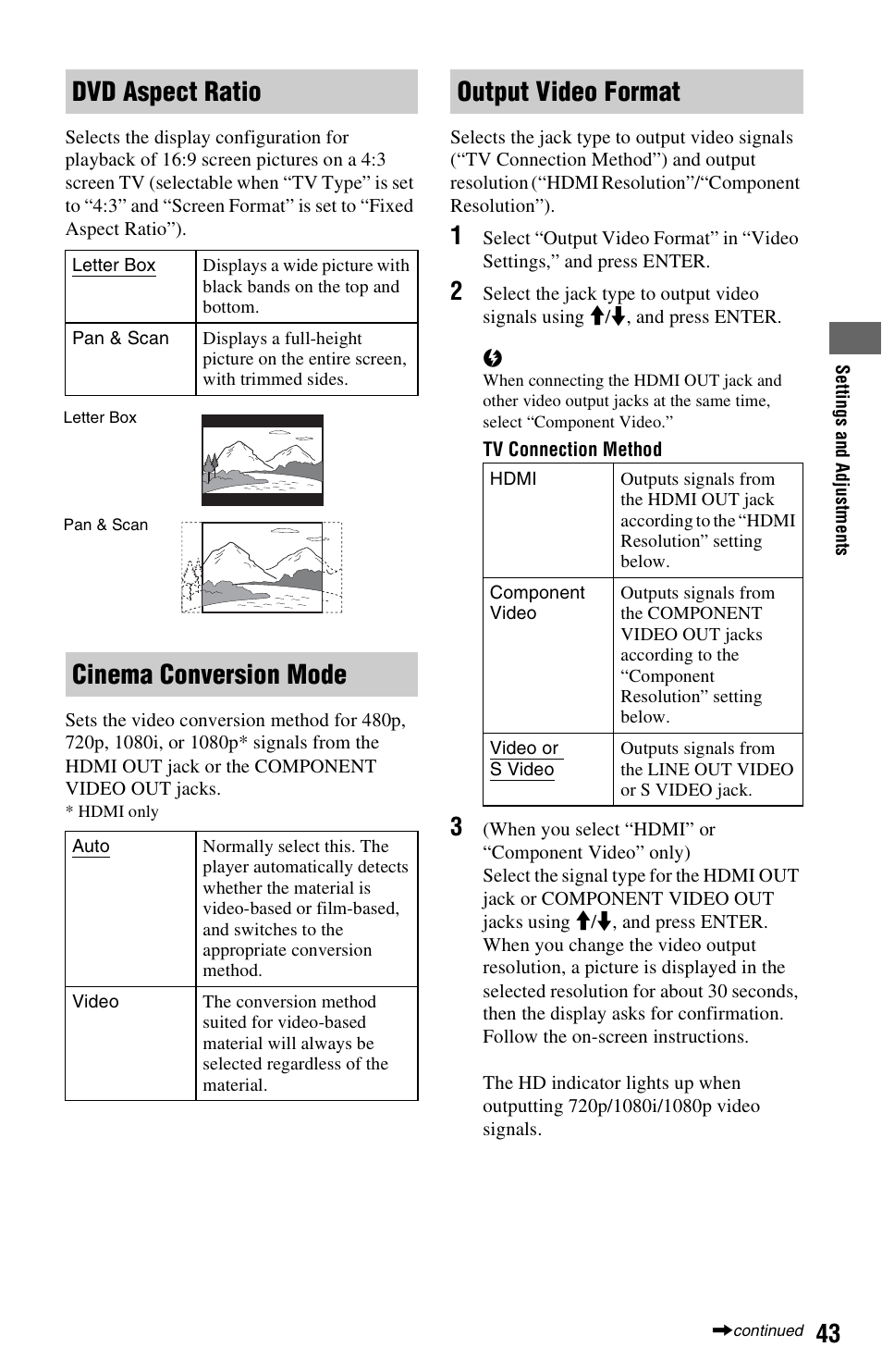 Dvd aspect ratio, Cinema conversion mode, Output video format | Sony BDP-BX1 User Manual | Page 43 / 79