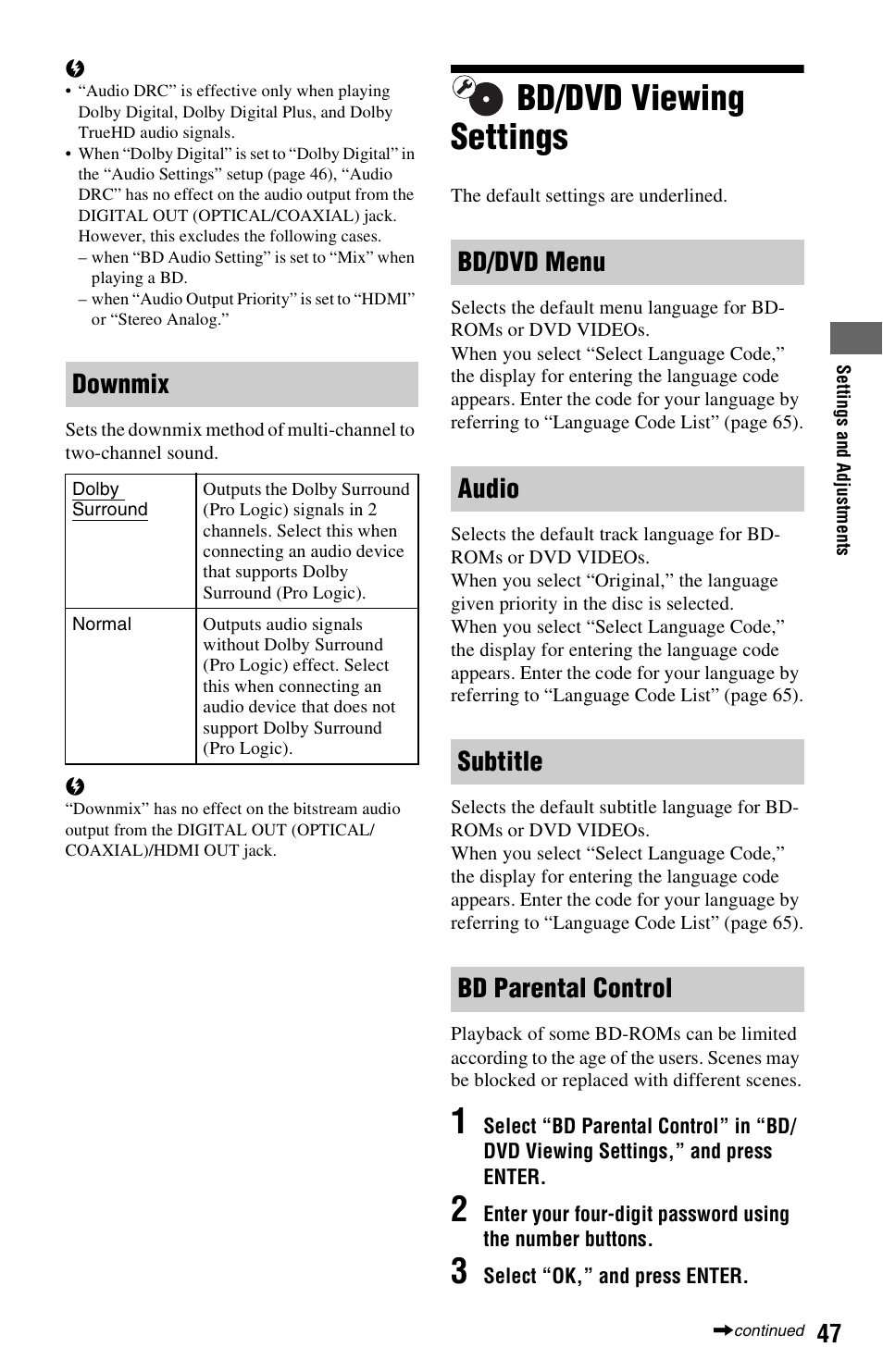 Bd/dvd viewing settings, Downmix, Bd/dvd menu audio subtitle bd parental control | Sony BDP-BX1 User Manual | Page 47 / 79