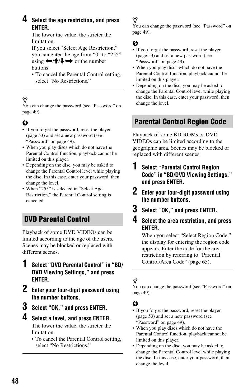 Dvd parental control parental control region code | Sony BDP-BX1 User Manual | Page 48 / 79